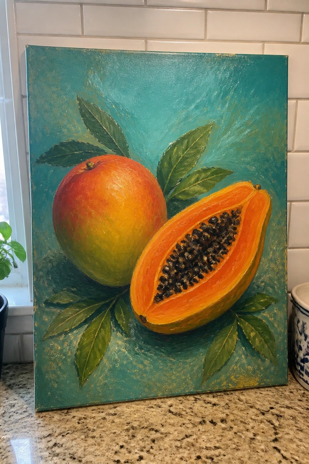 Colorful oil painting of whole mango and halved papaya with green leaves on teal background
