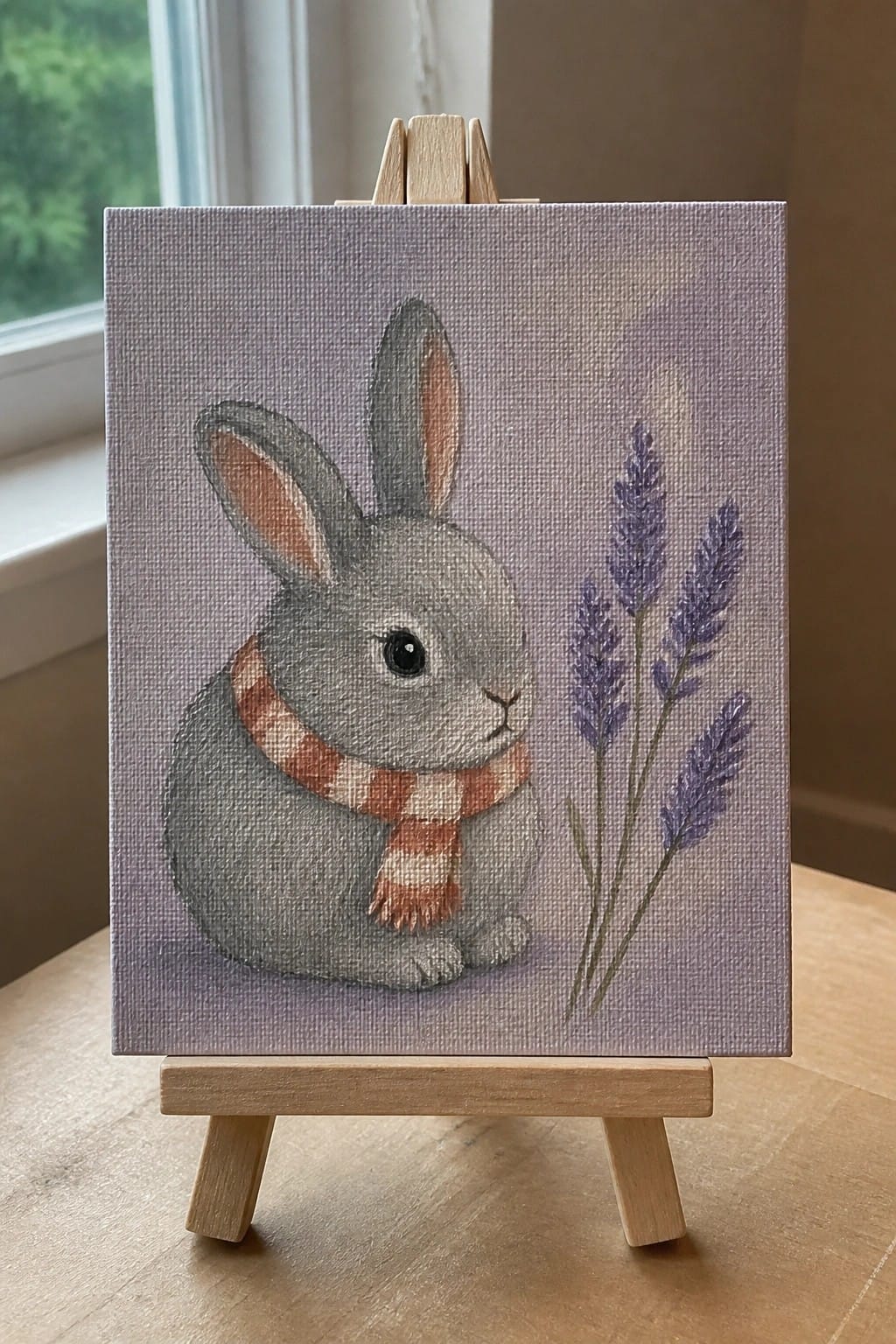 Gray rabbit in plaid scarf beside lavender sprigs on wooden easel.