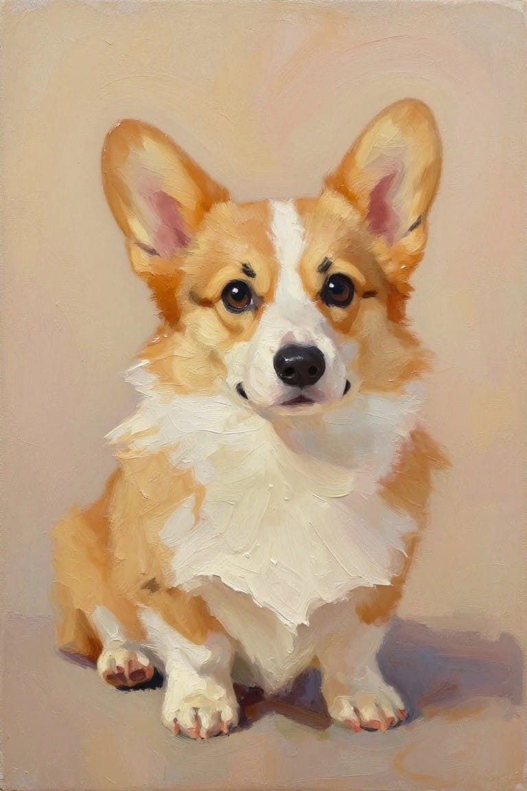 Oil painting of sitting corgi with tan fur, white chest, and perky ears