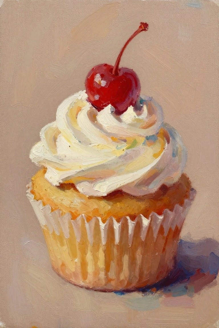 Oil painting of a cupcake with swirled white frosting and red cherry.