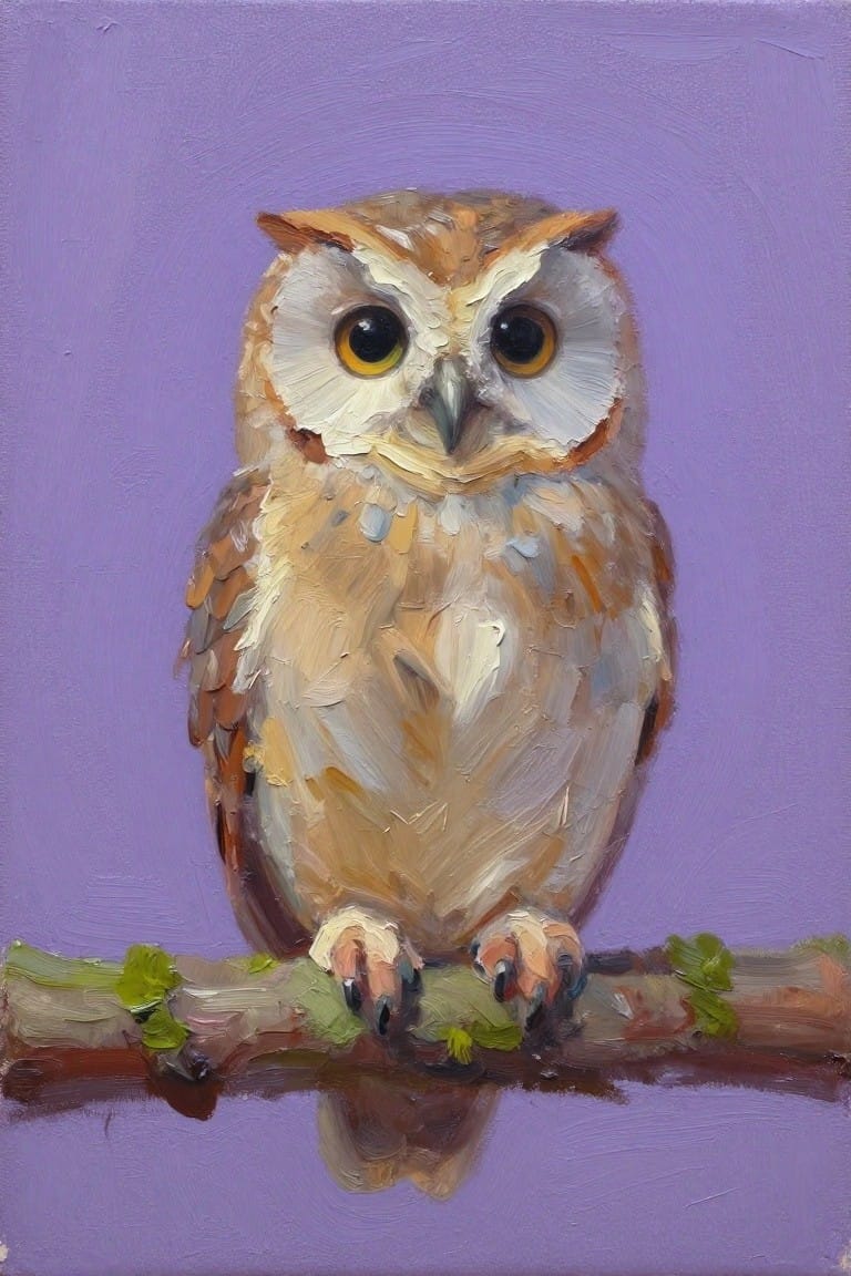 An oil painting of a brown and white owl with large eyes perched on a thin branch against a solid purple background.