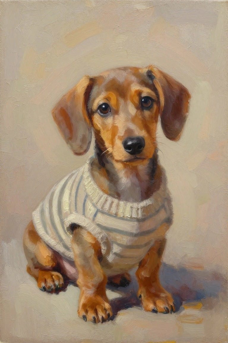 Dachshund puppy in striped sweater sits alertly against neutral background in oil painting.