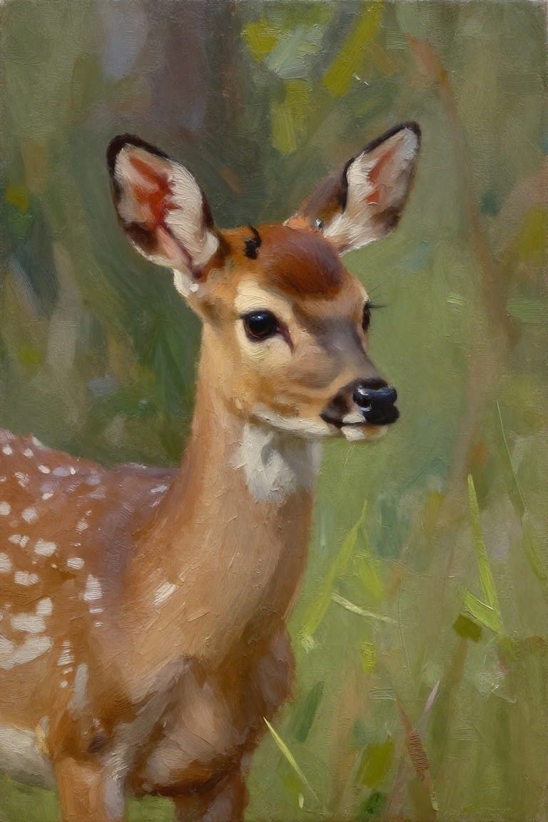Spotted fawn with perked ears gazes right in soft green forest painting.