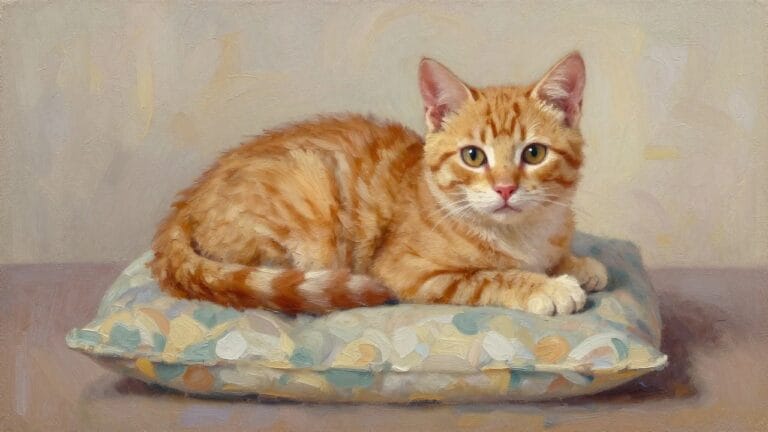 20 Cute Oil Painting Ideas for Adorable Beginner-Friendly Canvas Projects Orange tabby cat sitting on a round patterned cushion, painterly style.