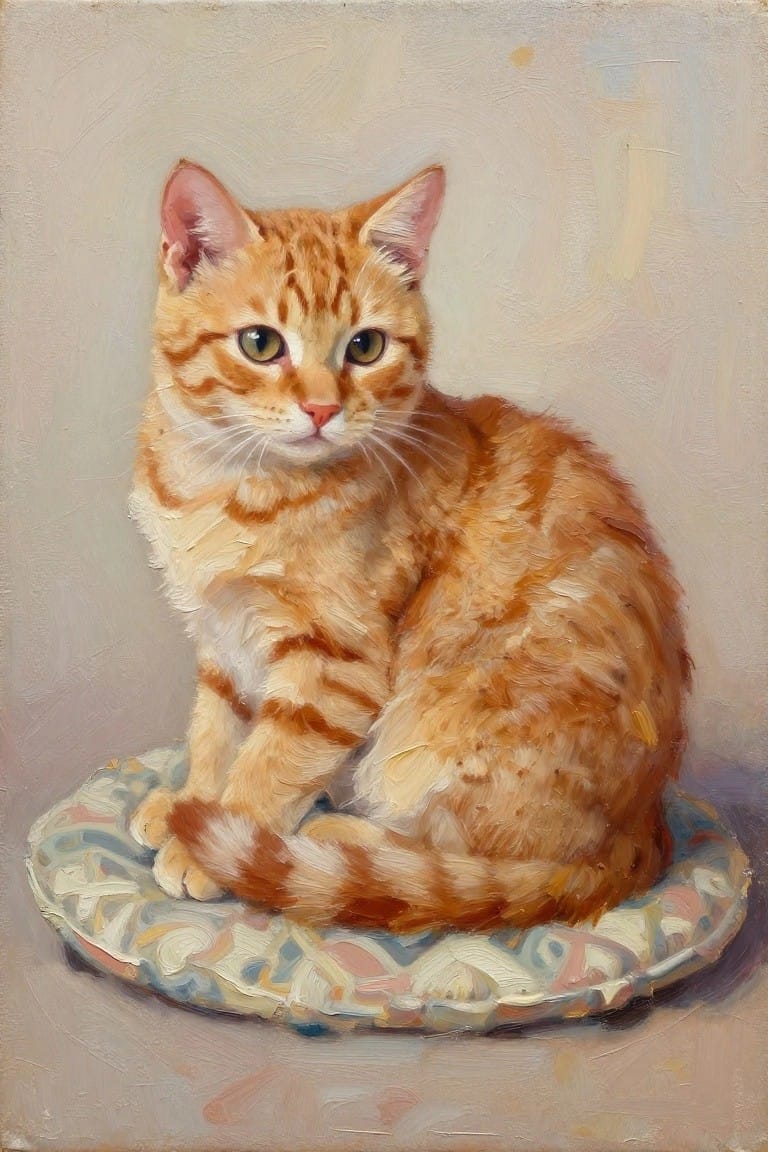 Orange tabby cat sitting on a round patterned cushion, painterly style.