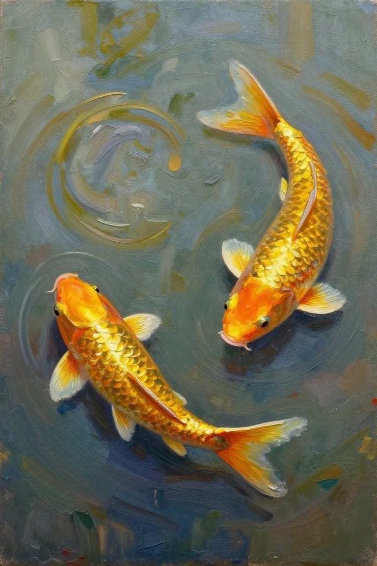 An oil painting of two orange and yellow koi fish swimming in blue-gray water with circular ripples.
