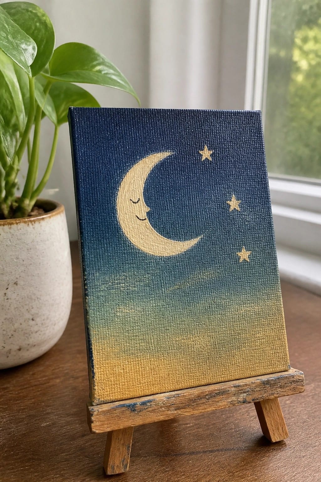 Crescent moon with smiling face and three stars on gradient canvas atop wooden easel