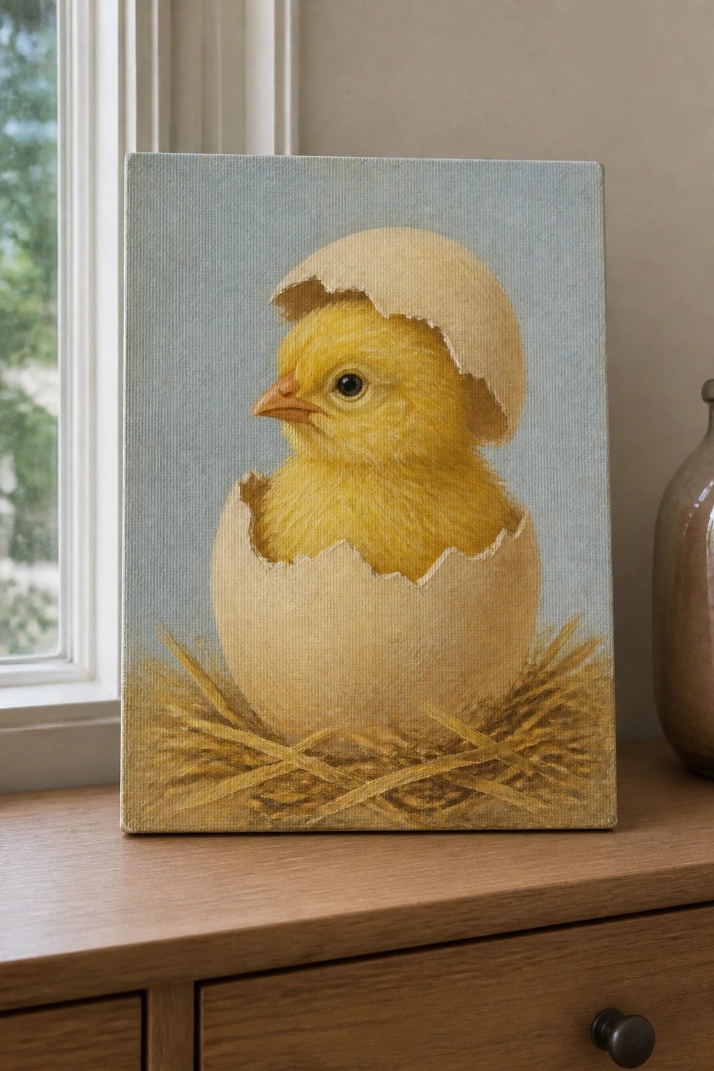 Yellow chick hatching from cracked eggshell on straw, oil painting on canvas