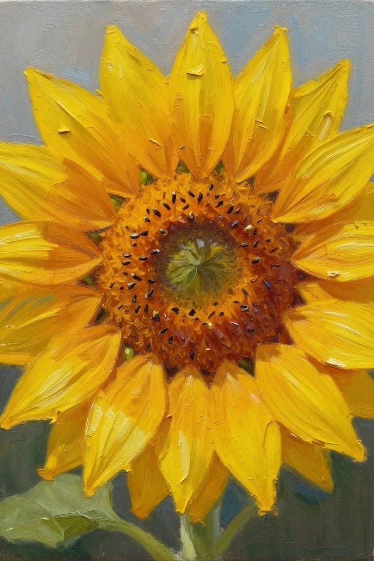Close-up oil painting of a bright yellow sunflower with thick textured petals and a detailed brown and green center.