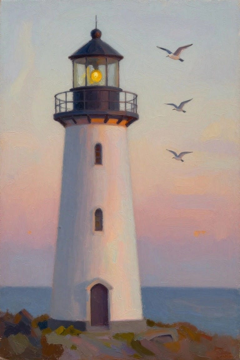 White lighthouse with glowing lantern, three seagulls over pastel pink-blue sky and sea