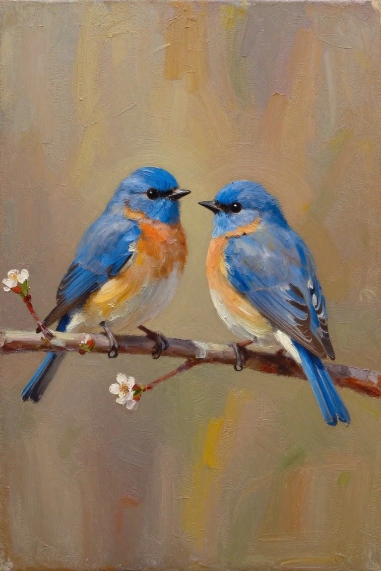 Two bluebirds with orange chests face each other on a flowering branch, oil painting