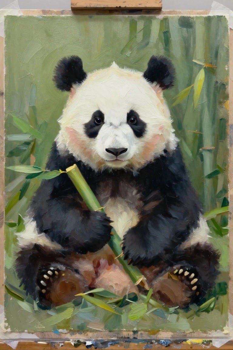 Oil painting of a panda bear holding bamboo in a green forest.