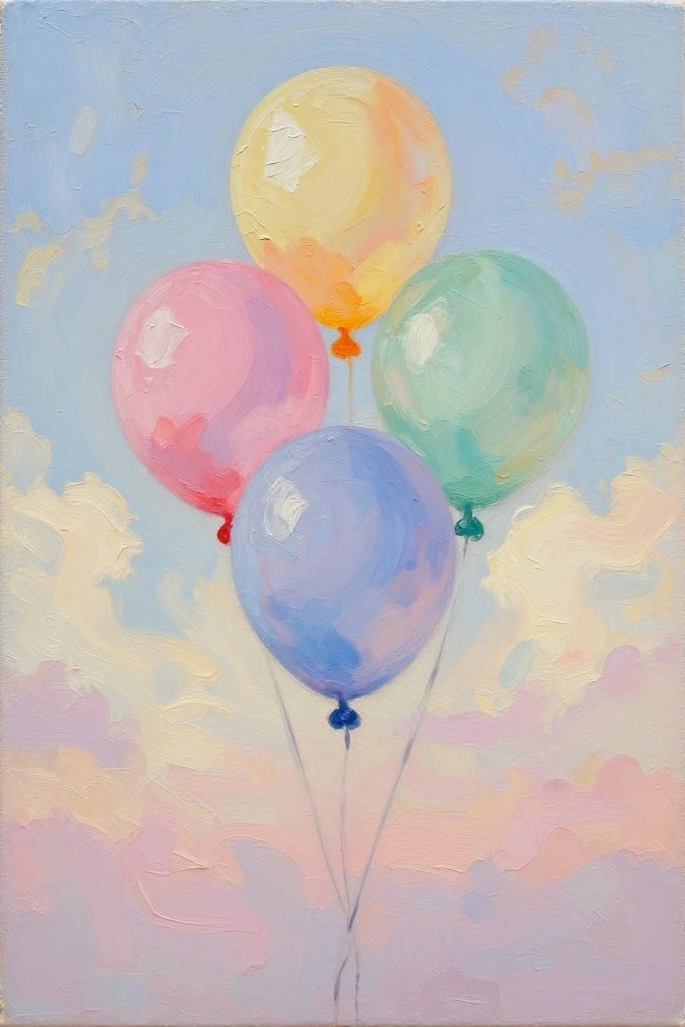 Four colorful balloons floating in a soft pastel sky with clouds.