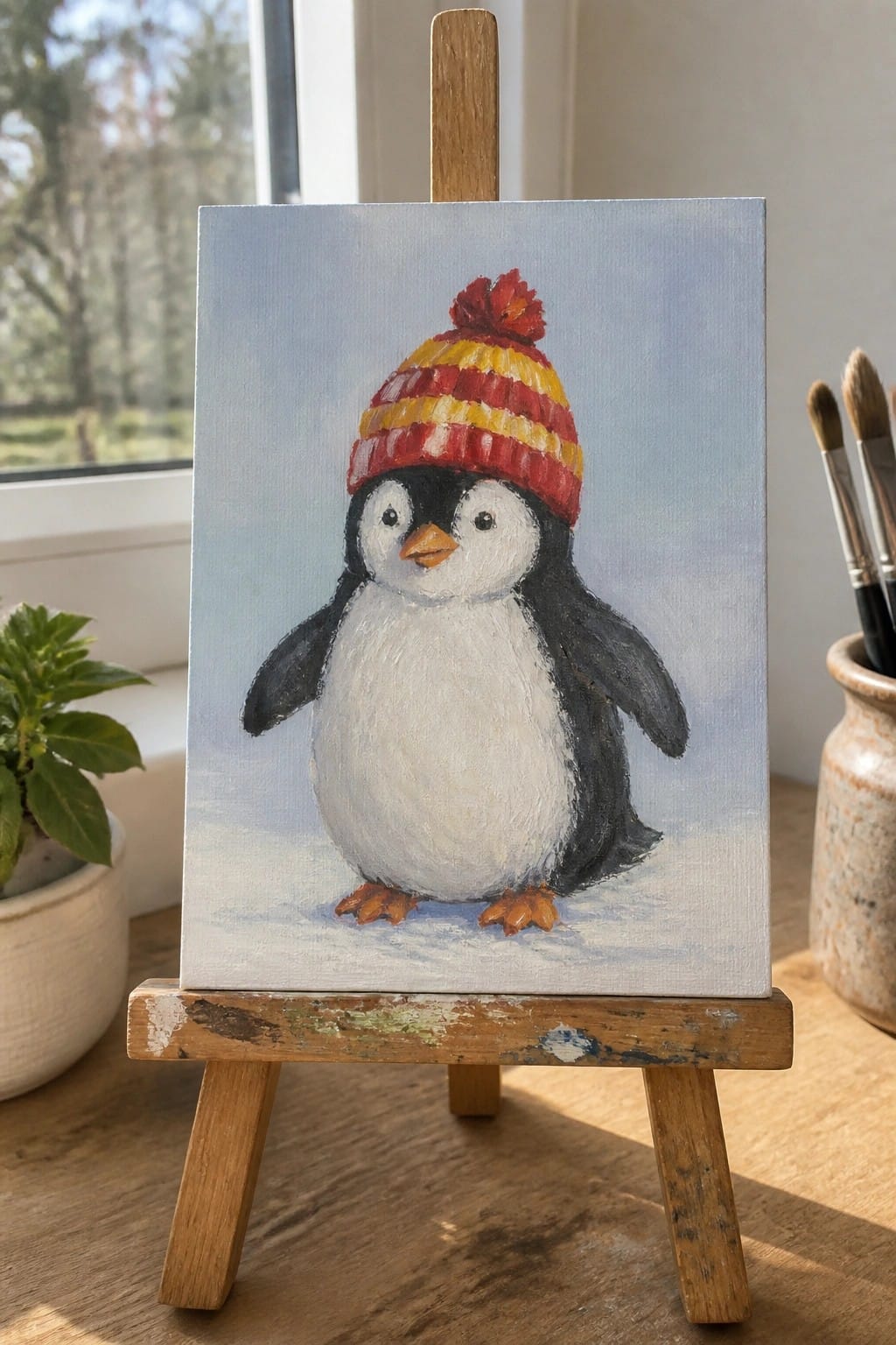 Penguin in red and yellow striped hat on snowy canvas atop wooden easel