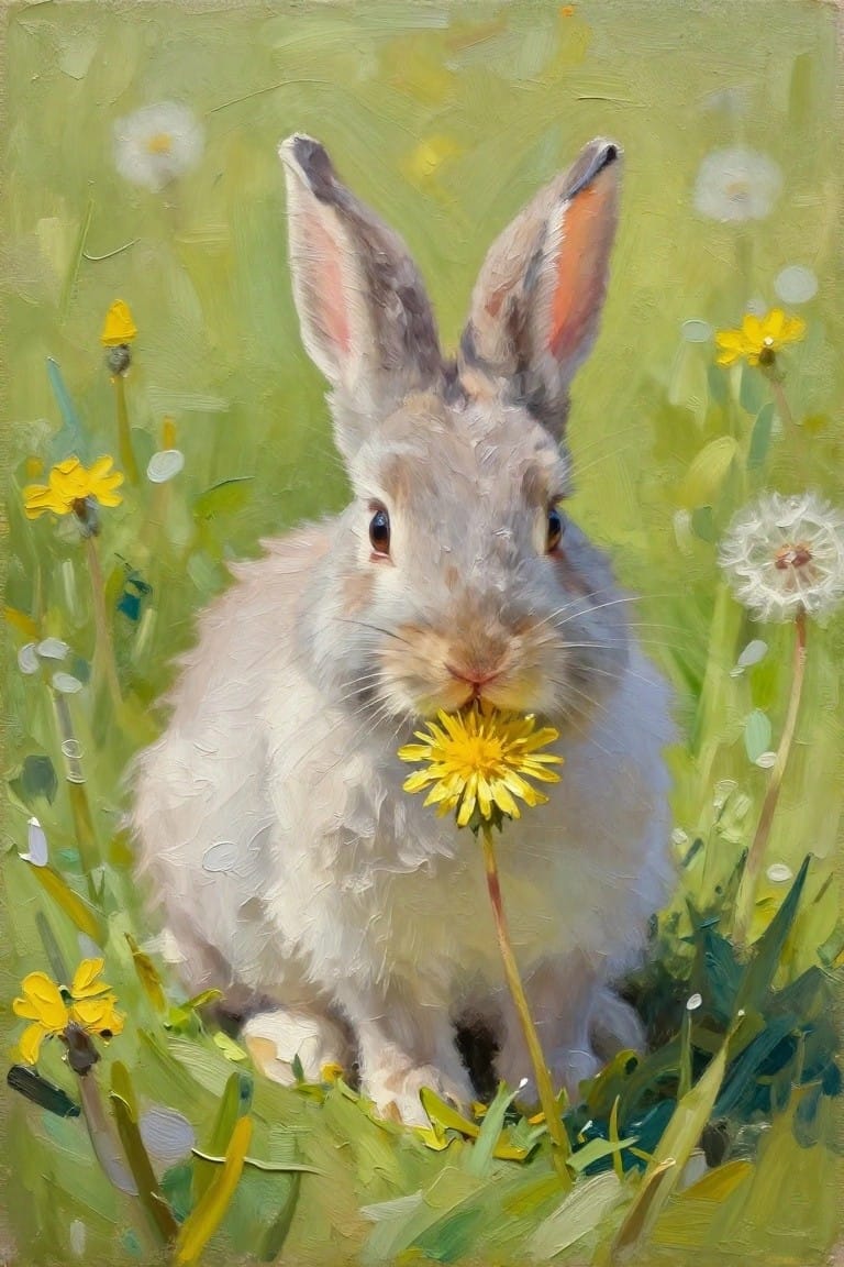 An oil painting of a light gray rabbit sitting in green grass and holding a yellow dandelion.