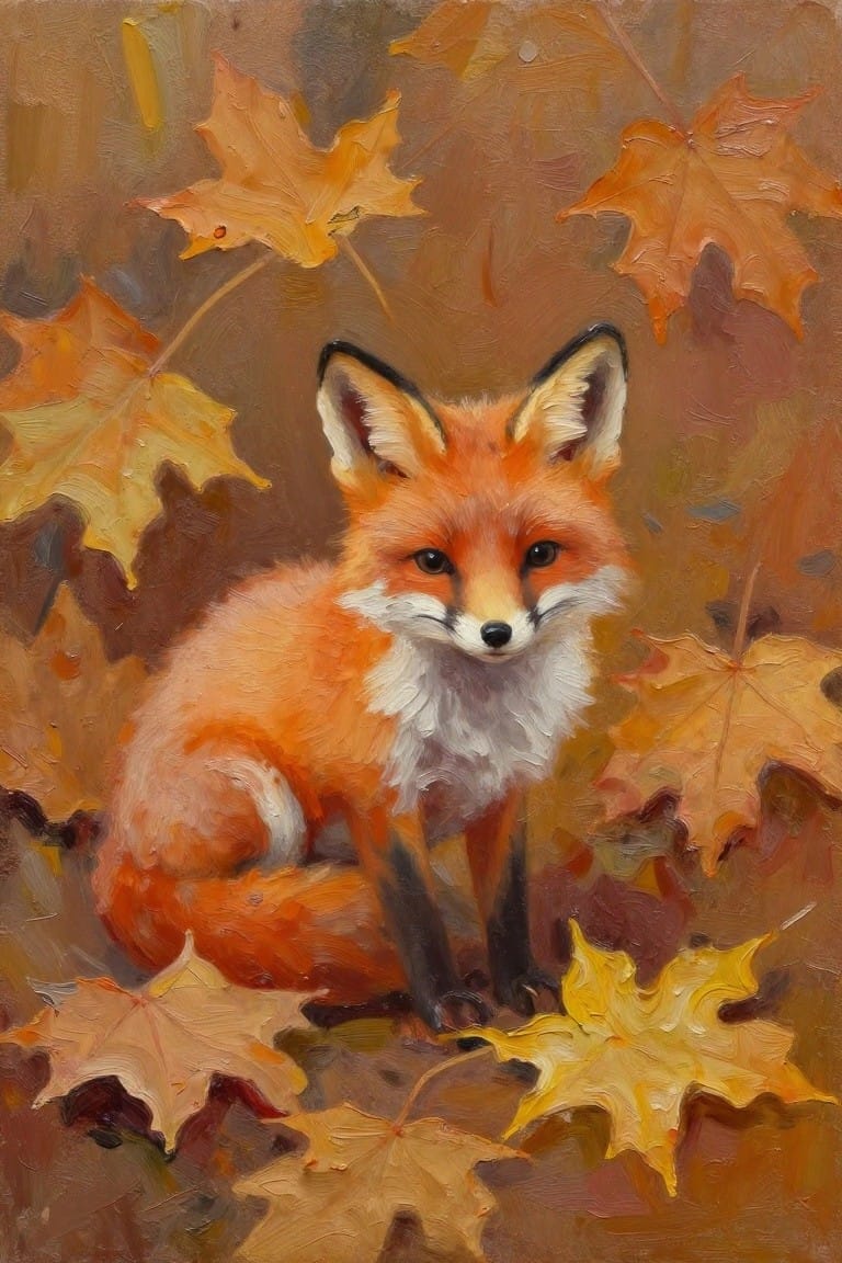 An oil painting of a red fox sitting among yellow and orange autumn leaves against a brown background.