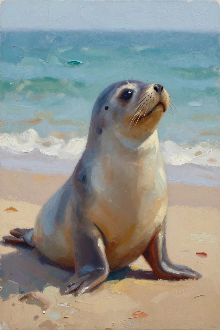 An oil painting of a seal sitting on a sandy beach with ocean waves in the background.