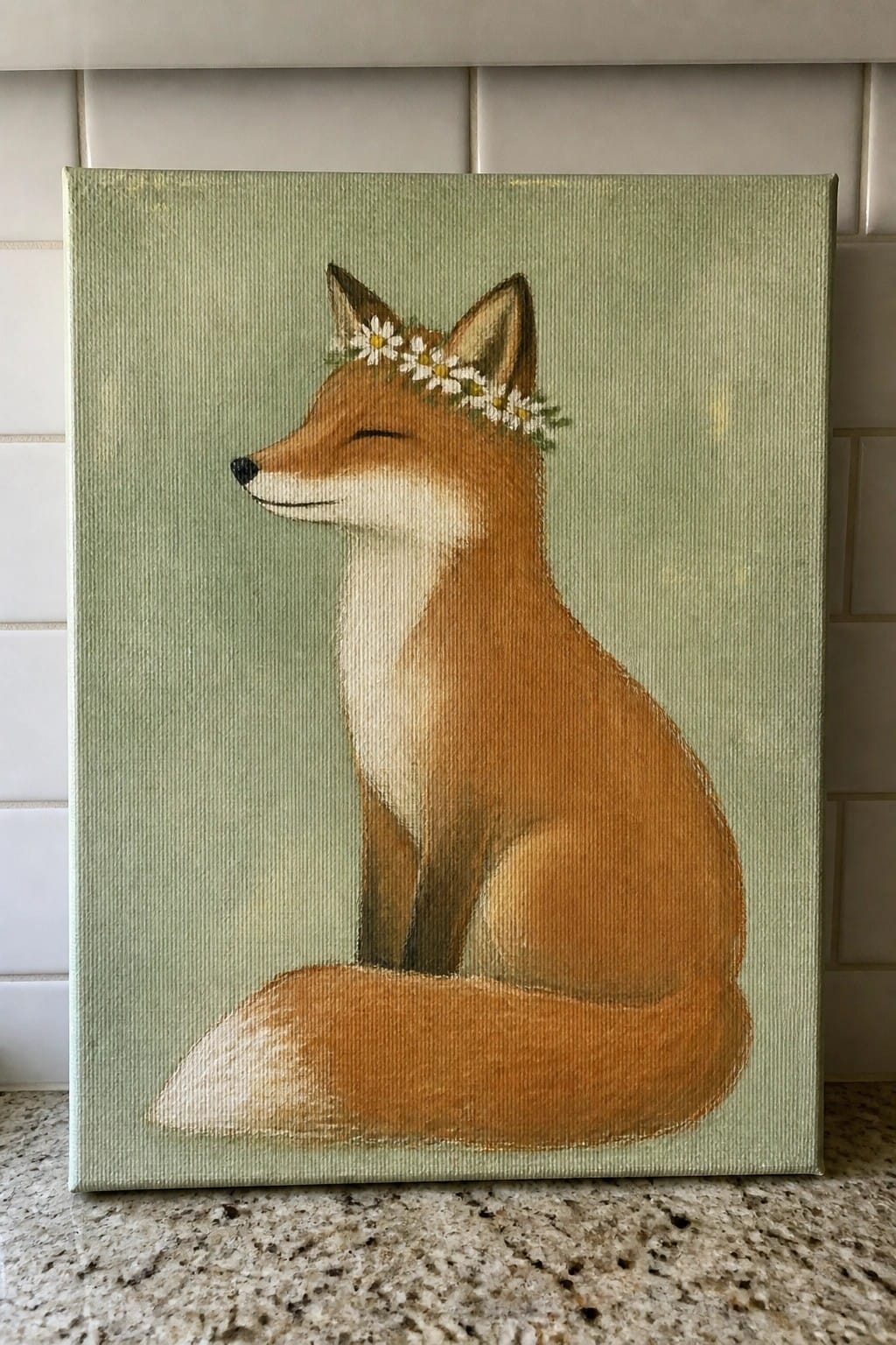Serene orange fox with closed eyes and daisy crown on light green canvas.