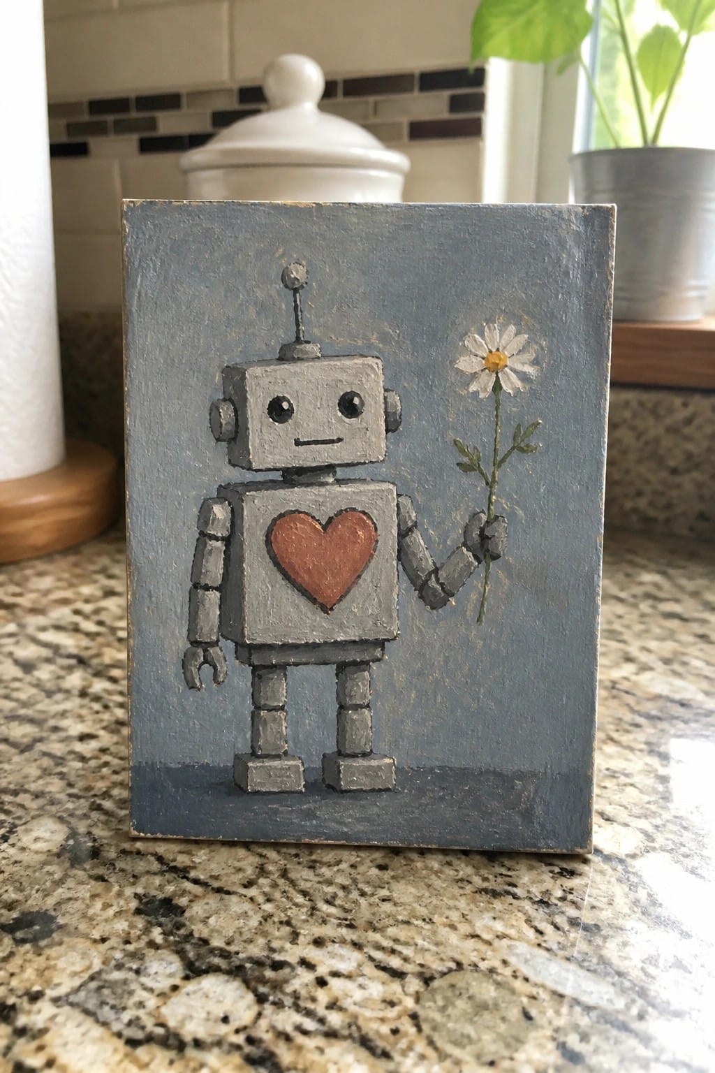 Gray robot painting with red heart holding daisy on blue wood