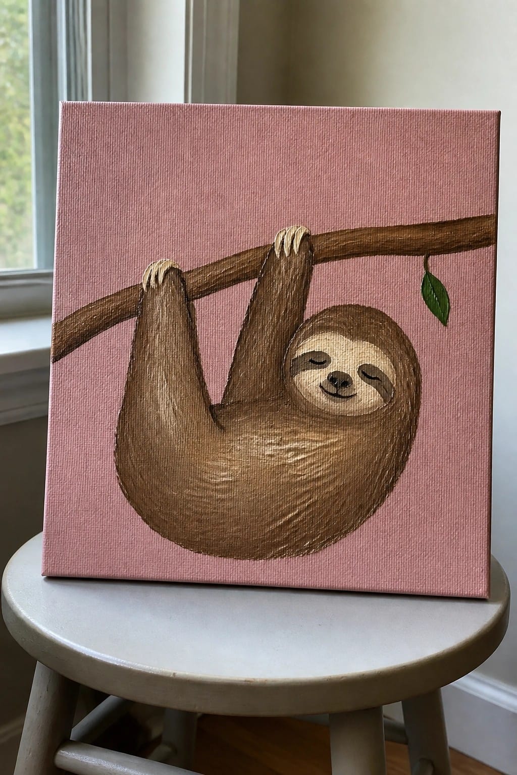 Smiling brown sloth hangs from branch on pink canvas atop stool