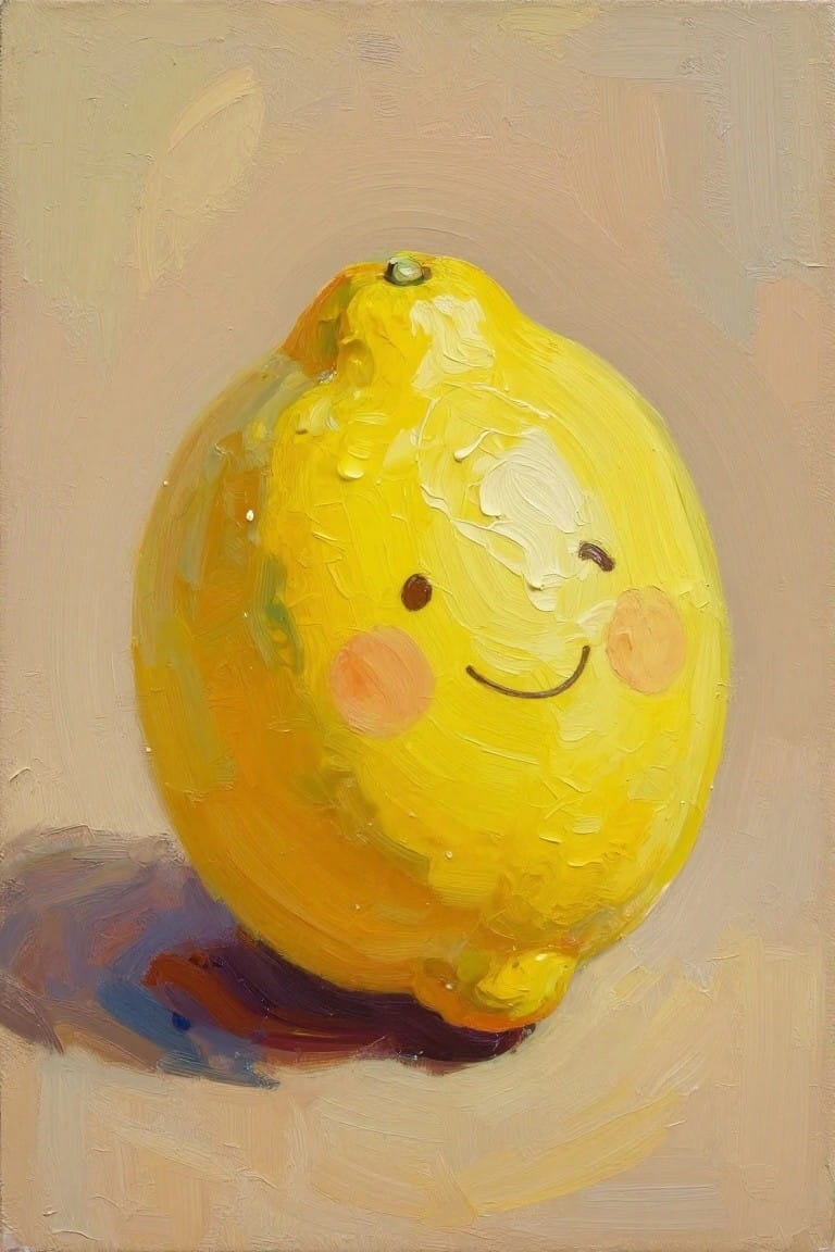 Smiling yellow lemon with pink cheeks, brown eyes, thick oil paint texture