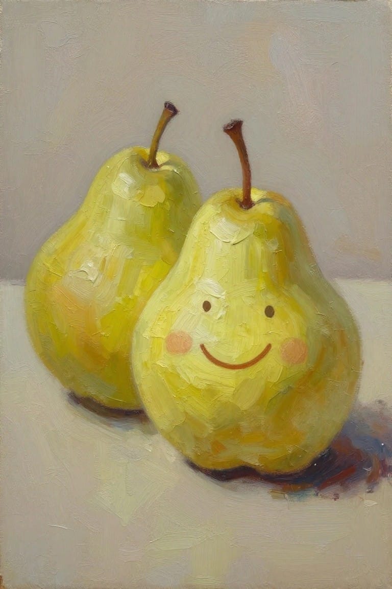Two yellow pears in oil painting, one with smiling face and rosy cheeks.