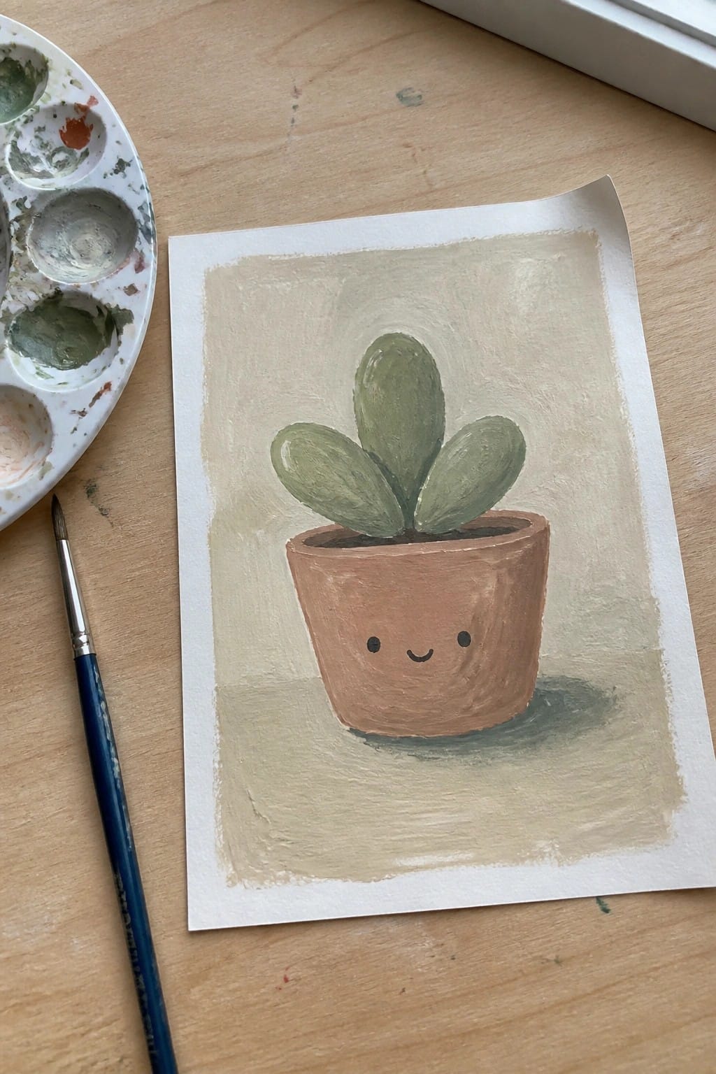 Cute watercolor of a faced succulent in a terracotta pot beside palette and brush