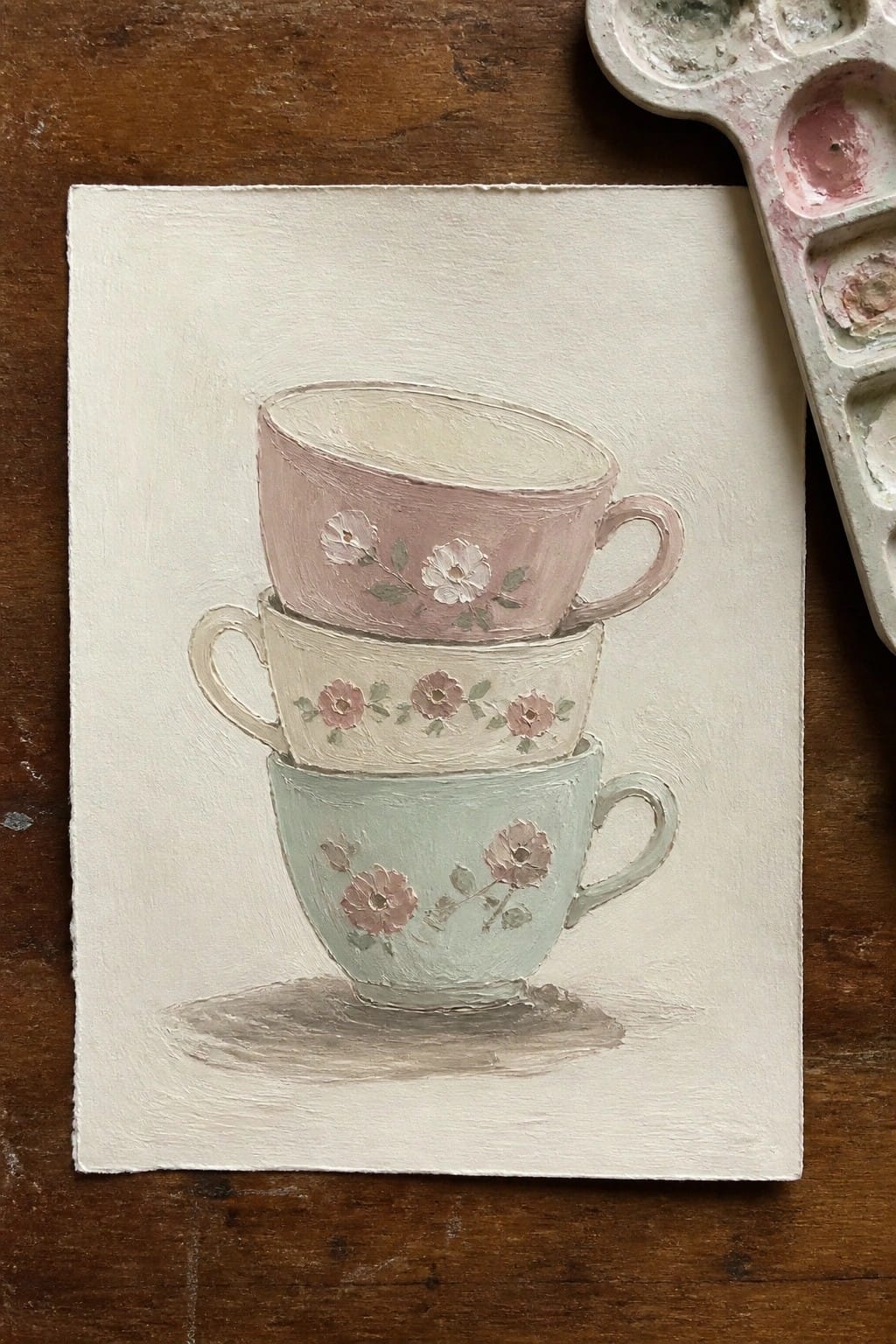 Three stacked floral teacups in pink, cream, and mint beside a palette
