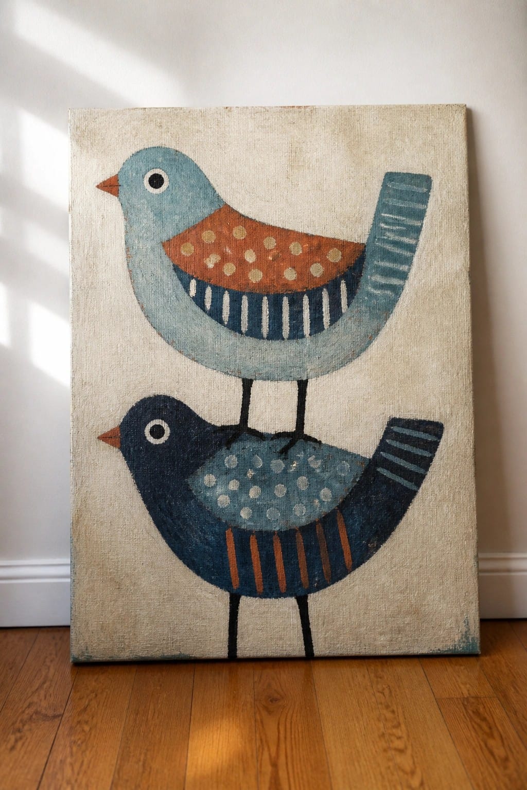 Two stacked folk-art birds in blue, orange, and teal on canvas