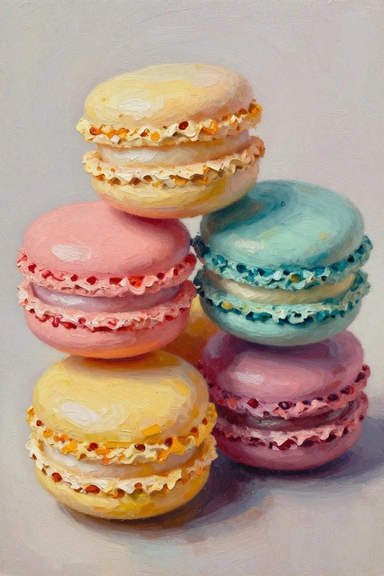 Stacked pastel macarons in yellow, pink, teal, and purple with oil-painting texture