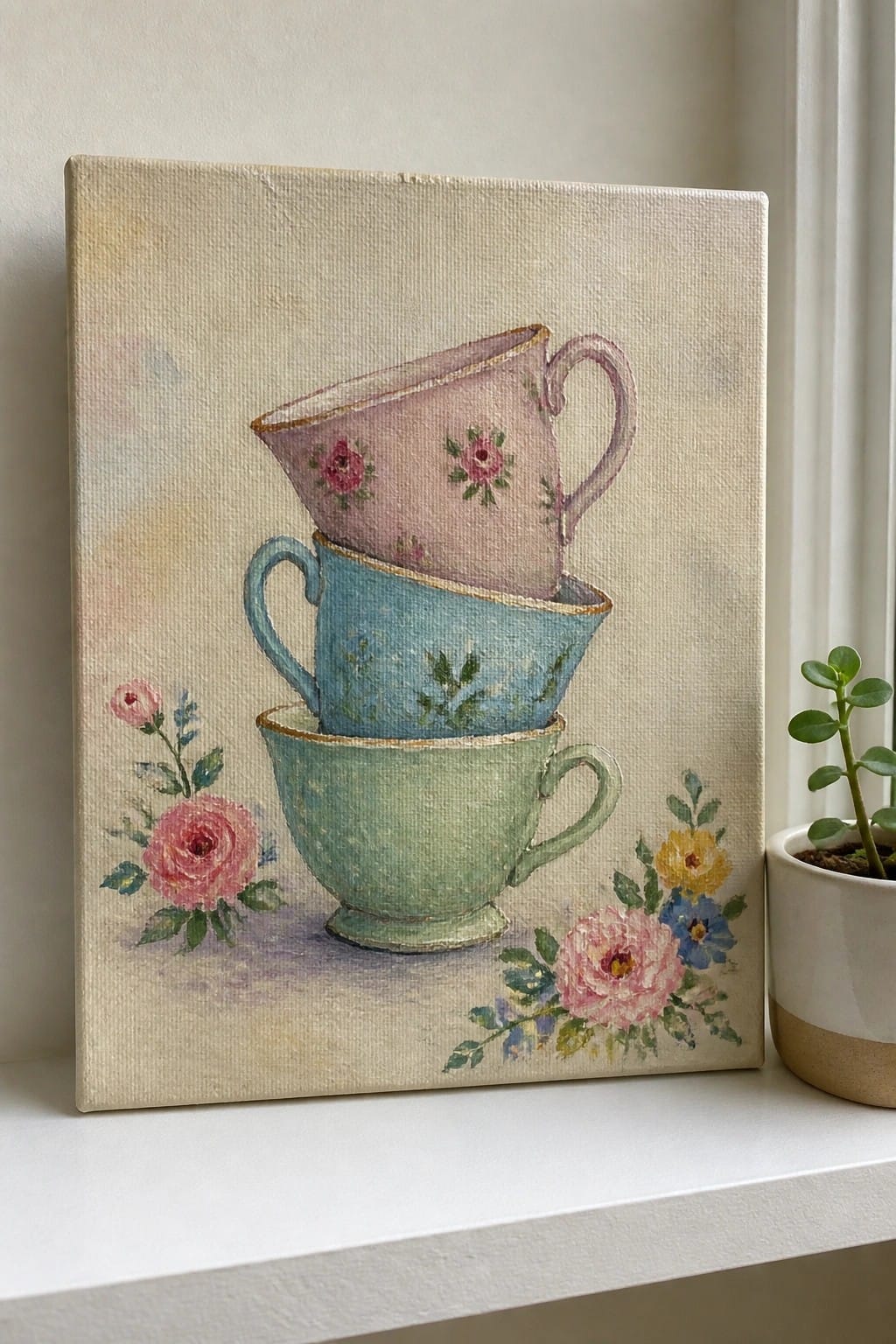 Pastel watercolor painting of stacked pink blue and green floral teacups on windowsill