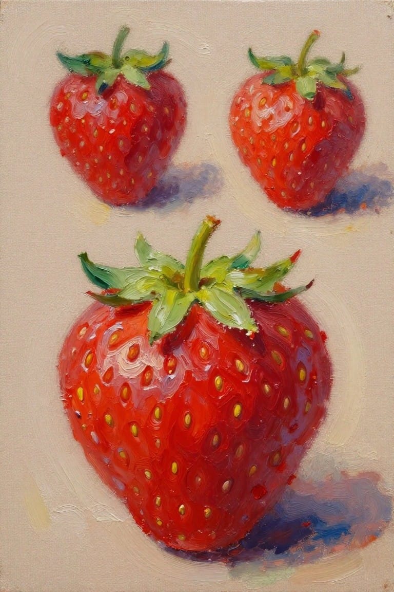 Three red strawberries with green leaves in vibrant oil painting style.
