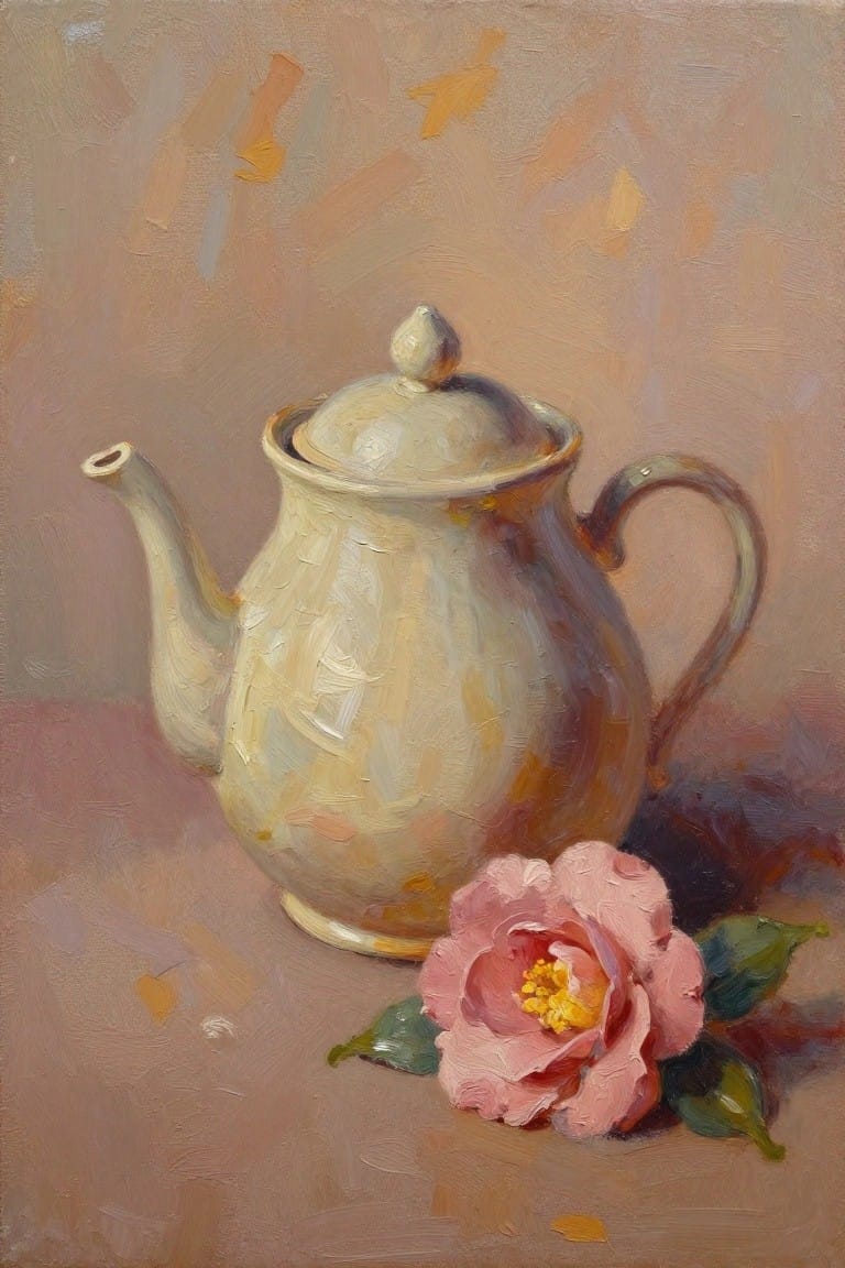 Still life oil painting of a light teapot beside a pink flower.