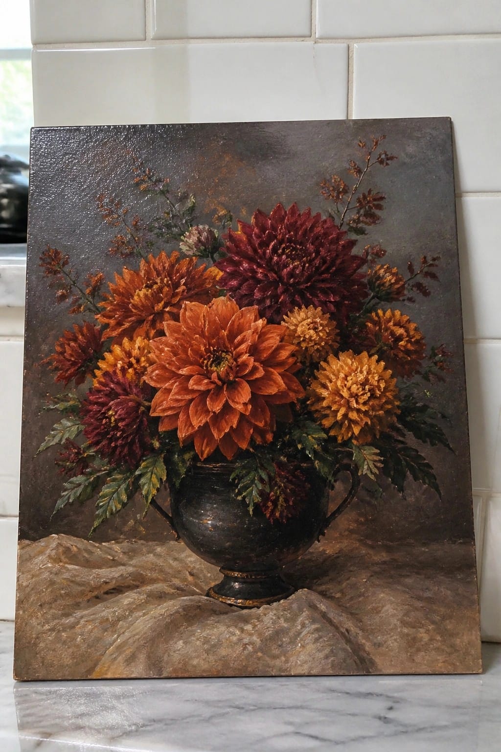 A realistic oil painting of orange, red, and yellow dahlias in a dark metal vase resting on a textured stone surface with a dark background.