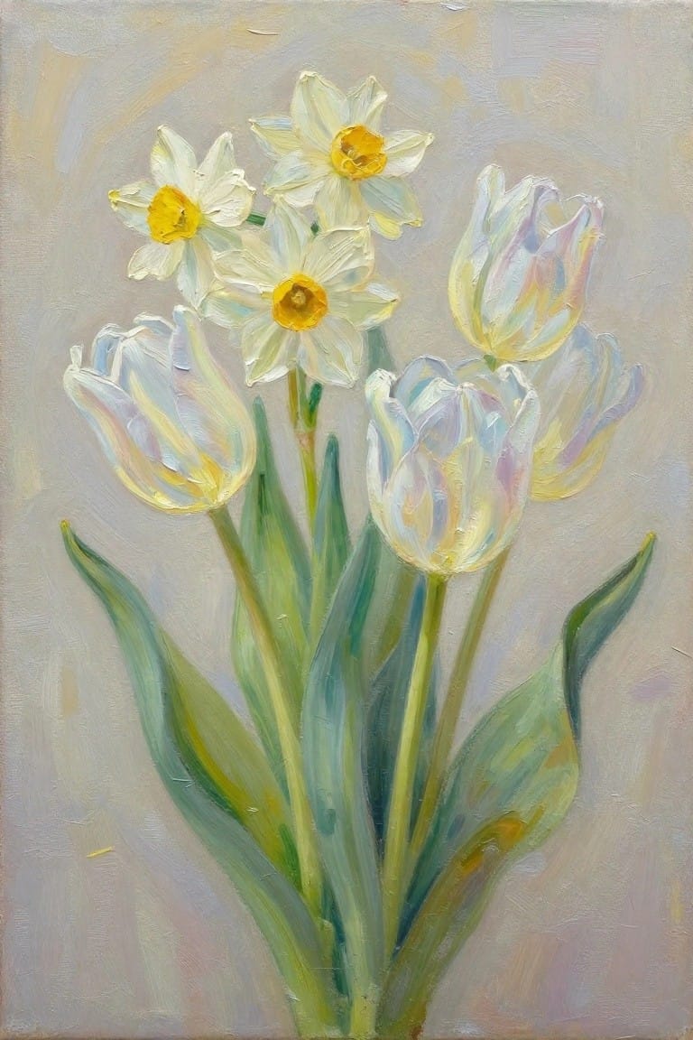 Impressionistic painting of white daffodils and tulips with green stems and leaves