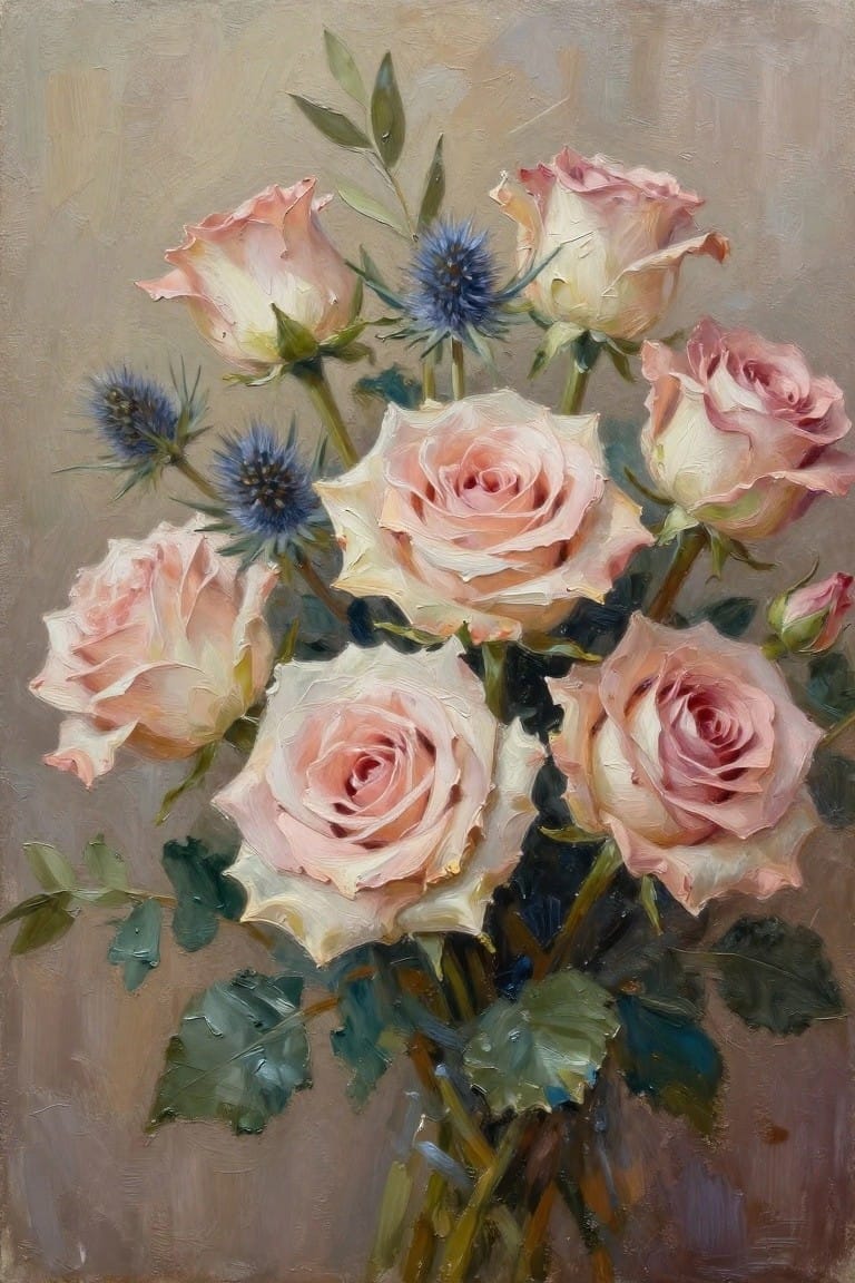 Oil painting of soft pink roses with blue thistles and green leaves.