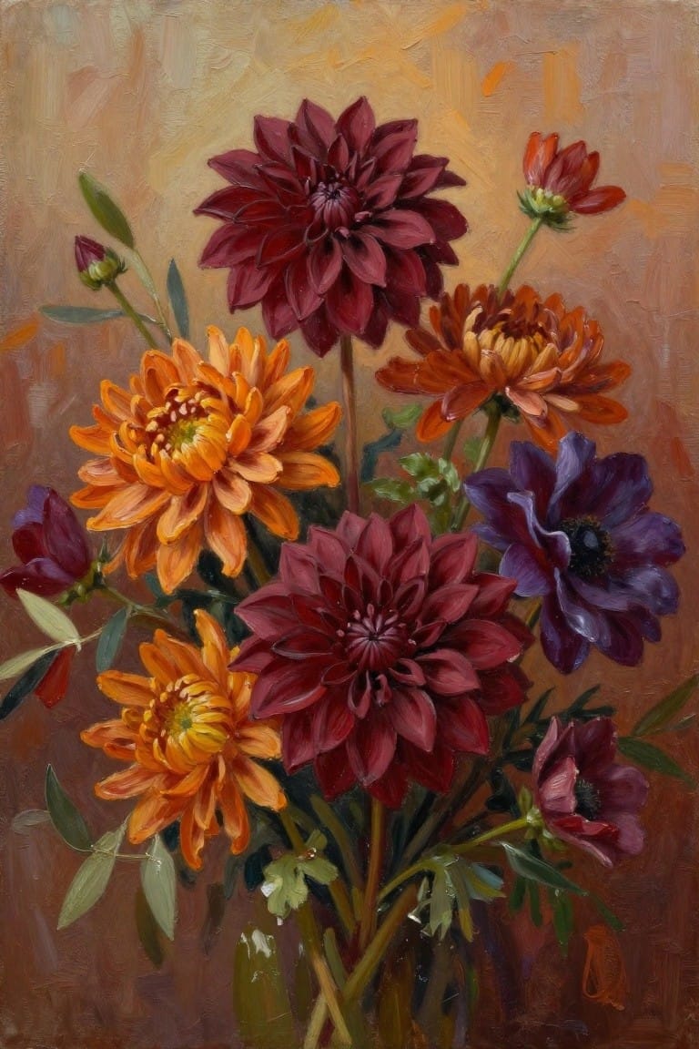 Richly colored oil painting of red, orange, and purple dahlias in a vase