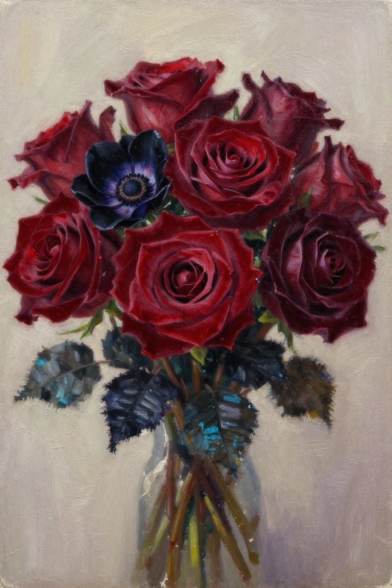 An oil painting of deep red roses and one dark blue anemone arranged in a clear glass vase against a plain light background.