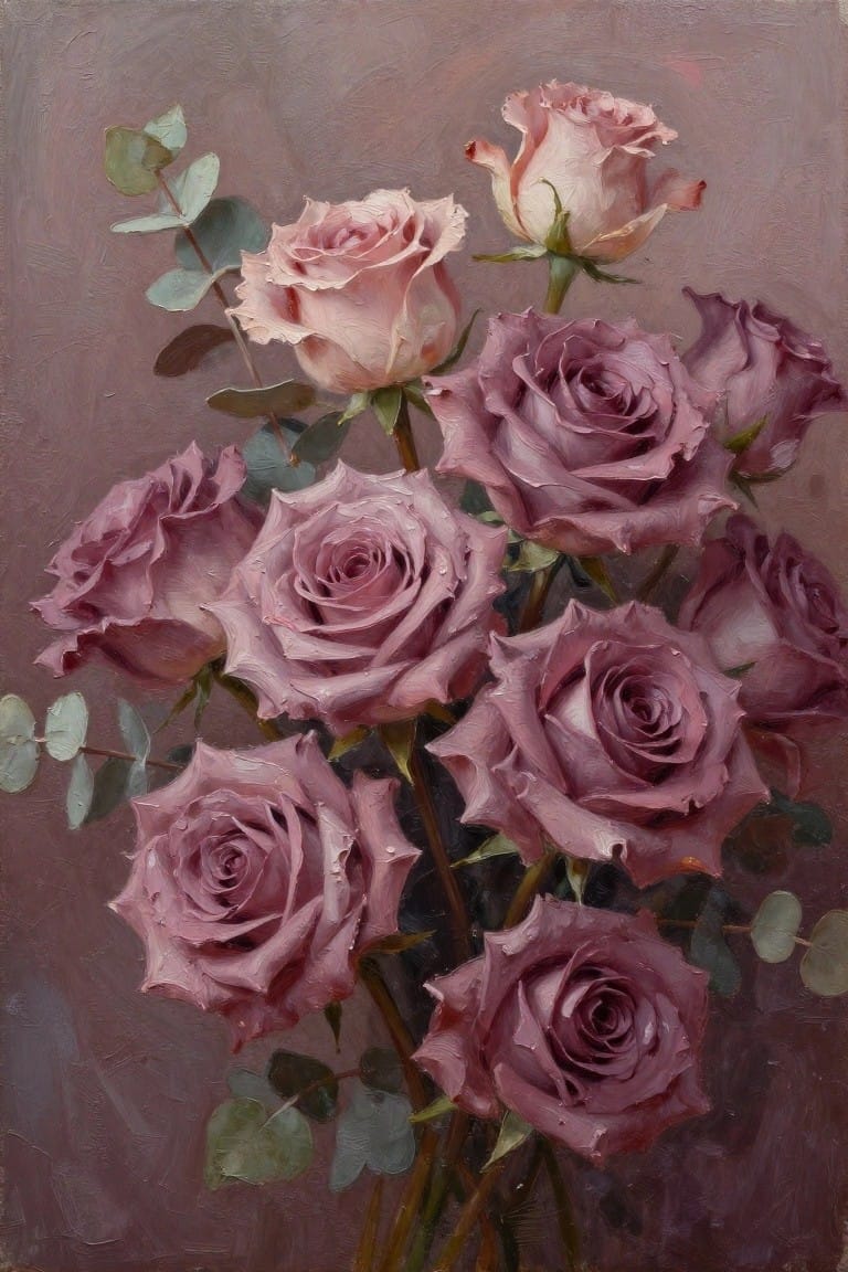 Oil painting of blooming pink and purple roses with eucalyptus leaves and dew drops