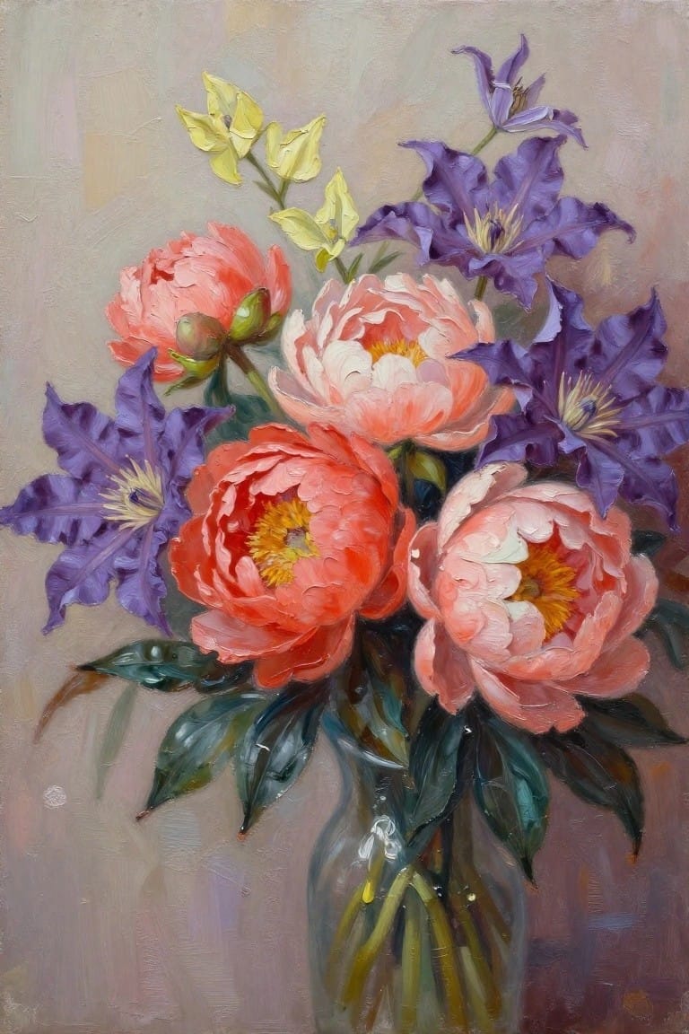 Pink peonies and purple clematis in a glass vase, oil painting.