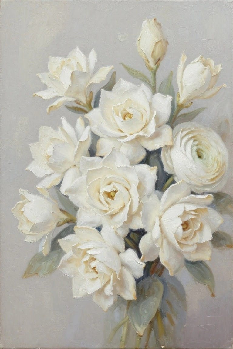 Oil painting of white roses and buds with green leaves on gray background