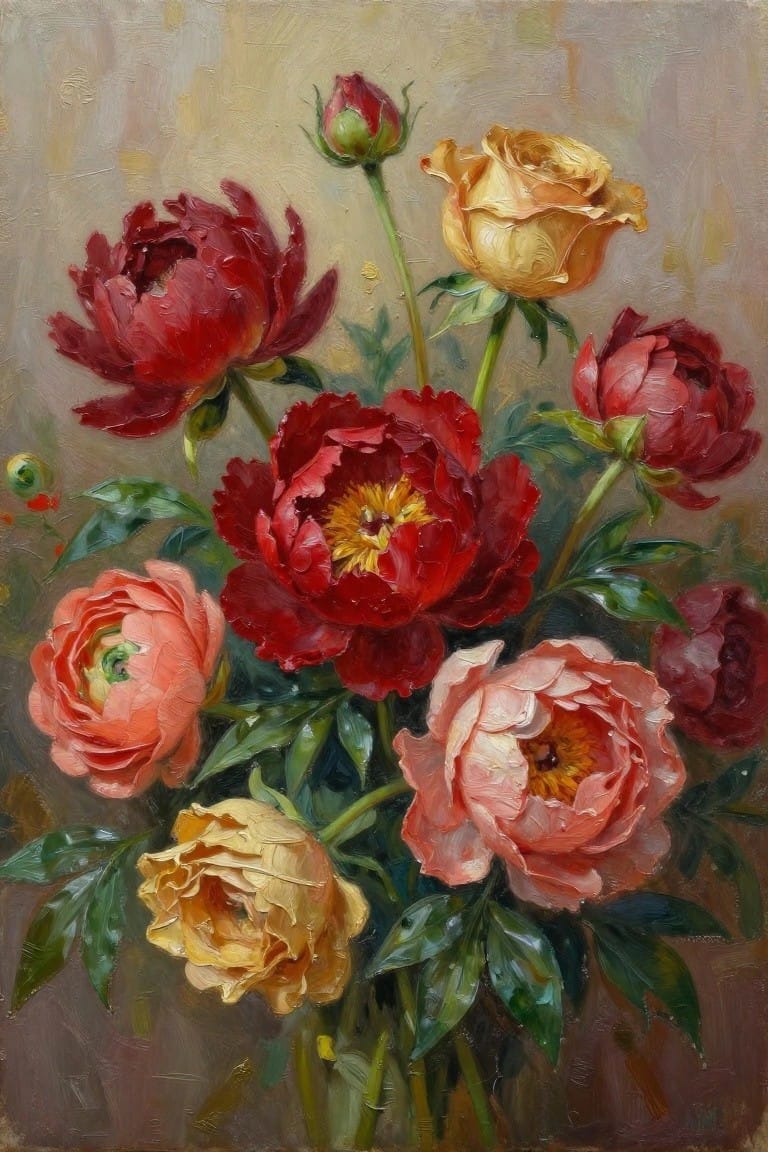 Vibrant oil painting of red and pink peonies with yellow roses and green leaves.