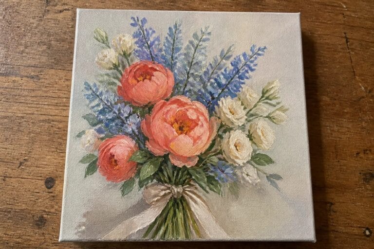 20 Dreamy Flower Bouquet Oil Painting Ideas Designed for Rich Color Harmony Oil painting of pink peonies, white roses, and blue flowers tied with ribbon.