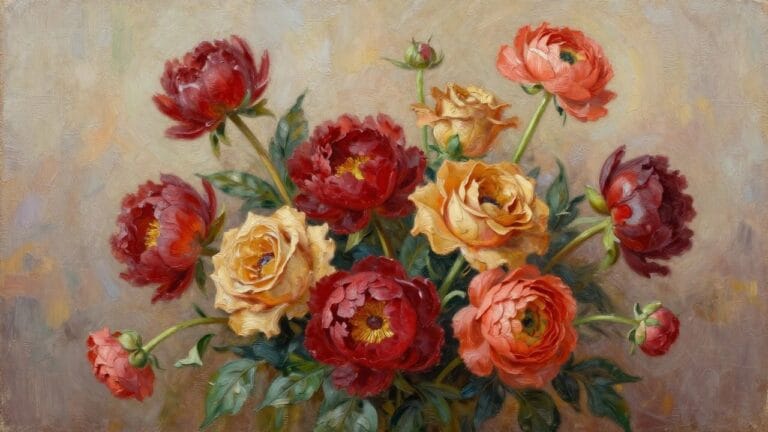 Vibrant oil painting of red and pink peonies with yellow roses and green leaves.