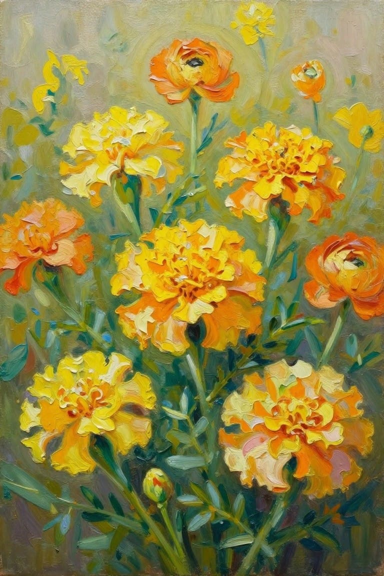 Vibrant yellow and orange marigolds with green stems in textured oil painting.