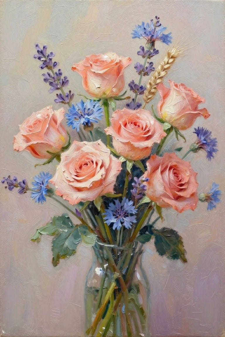 An oil painting of peach roses, blue cornflowers, and lavender arranged in a clear glass vase against a soft neutral background.
