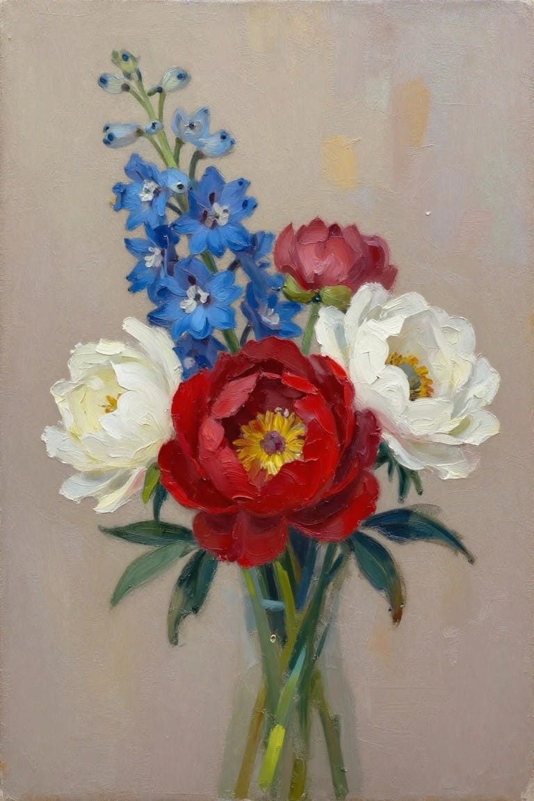 Still life painting of red peonies, white blooms, and blue delphiniums in a vase.