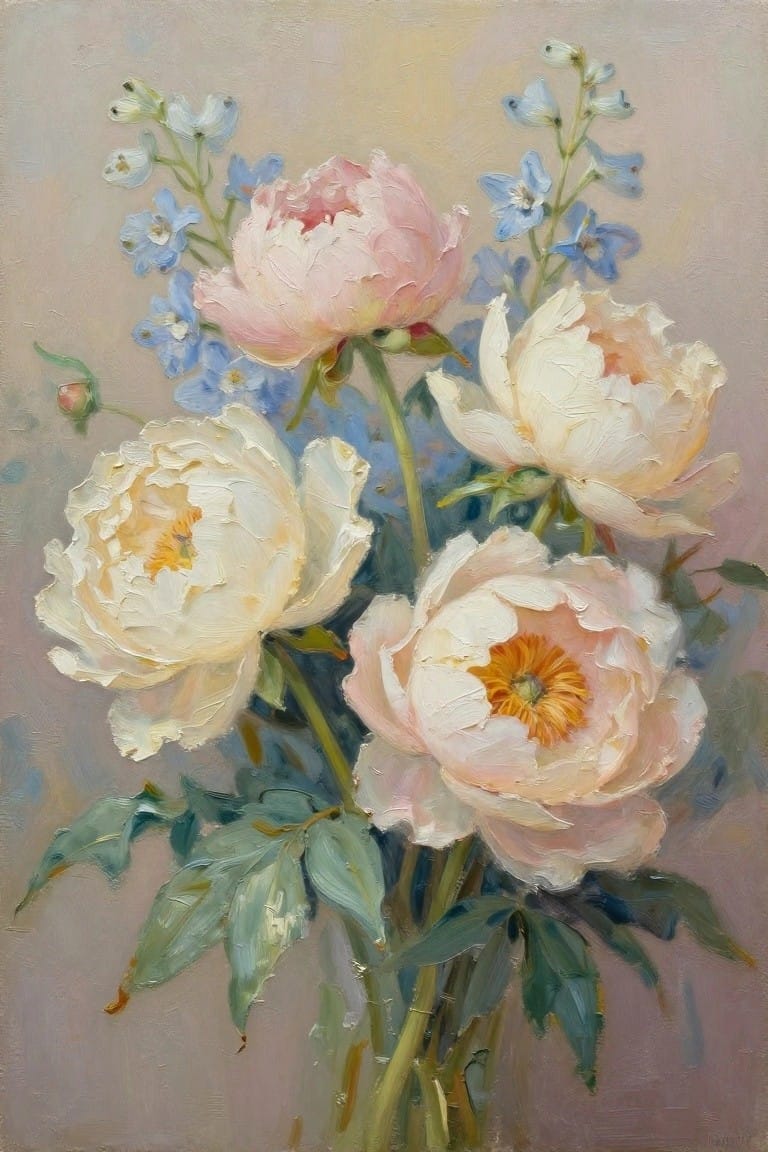 Vibrant oil painting of pink peonies and blue delphiniums with green foliage.