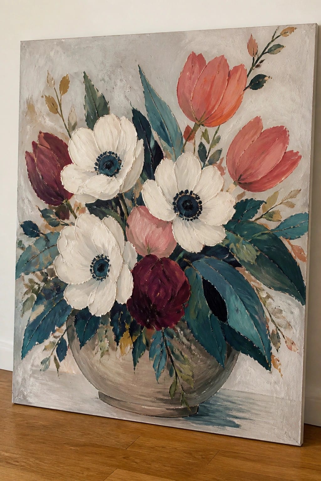 Textured painting of white anemones, red tulips, and green leaves in gray vase