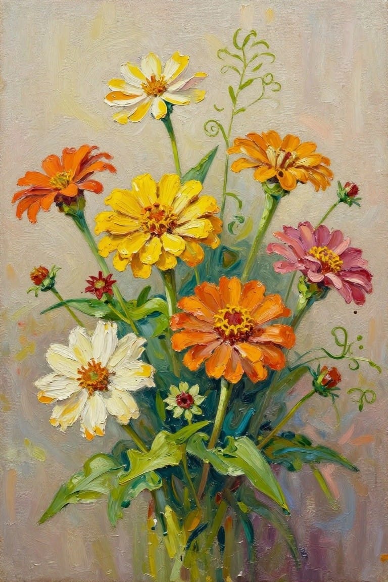 Vibrant oil painting of colorful zinnias in yellow, orange, white, and pink with green foliage.